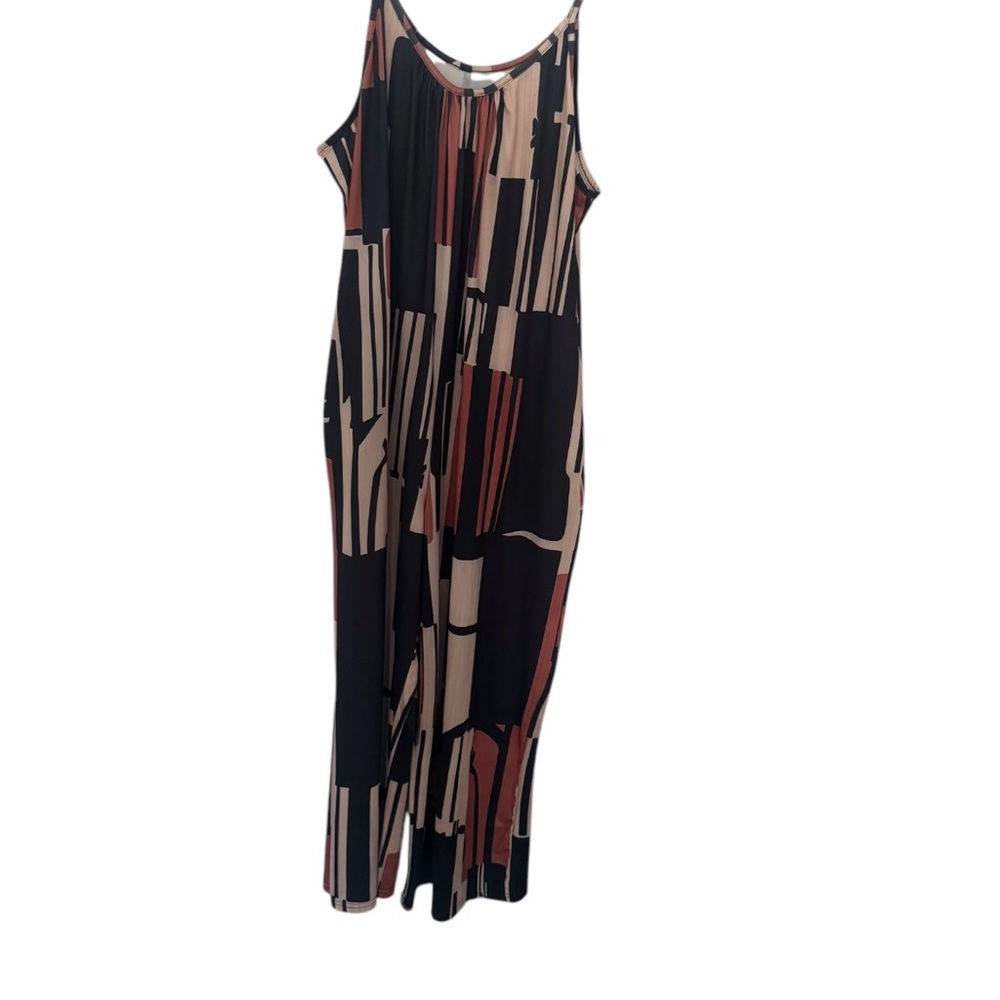 Tan and Black Geometric Spaghetti Strap Maxi Dress